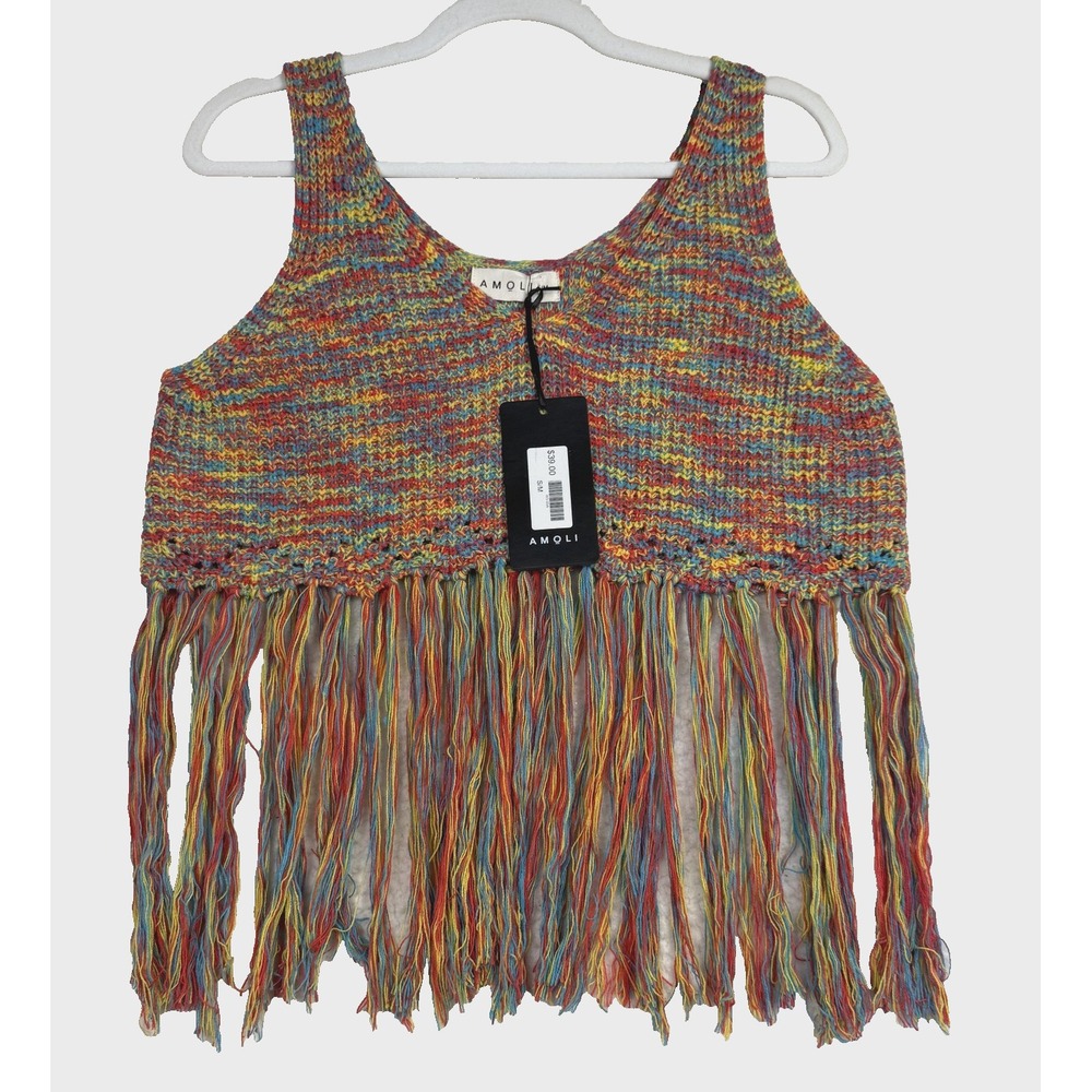 Amoli Fringe Knit Crop Top Womens Small Medium Festival Boho Indie Tank S/M